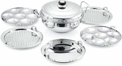 Multi Kadai Induction Steamer Cooker Steel (Large Size) Induction & Standard Idli Maker (5 Plates , 14 Idlis ),Silver