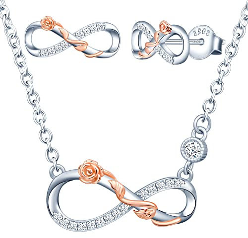 INFINIONLY Dam flicka halsband hänge och örhängen örhängen 925 sterling silver smyckes-set, elegant roséguld blomma tvinnad silver oändlighetssymbol, dubbel färgpläteringsprocess, inlagd zirkon, Kubisk zirkonia