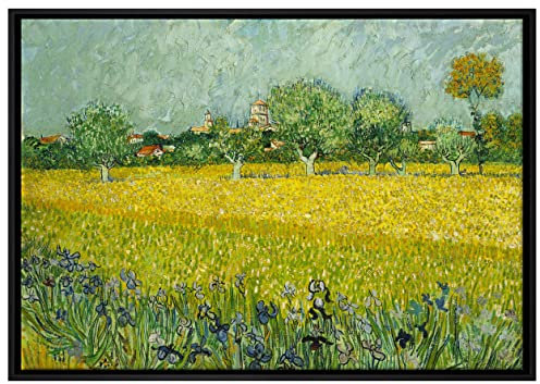 Pixxprint Vincent Van Gogh - Feld mit Blumen in der Nähe von Arle Leinwandbild 100x70 cm im Bilderahmen, Wandbild, Schattenfugenrahmen, Kein Poster