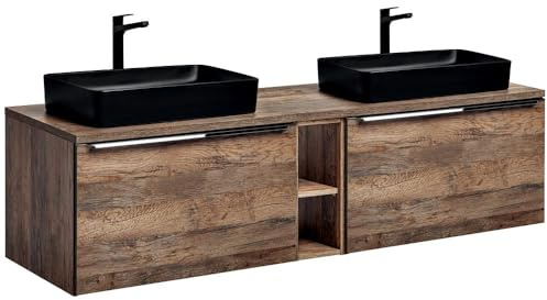 Lomadox Badmöbel Doppel Waschtisch Unterschrank Set, Vintage Oak Eiche Nb., 2 Keramik-Aufsatz Waschbecken, 4 Softclose-Schubkästen, Regal, B/H/T ca.: 180,4/59,5/46 cm