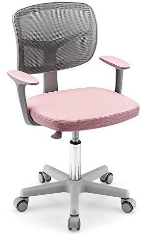 COSTWAY Kids Computer Desk Chair, Ergonomic Children Task Study Chairs with Lumbar Support, Adjustable and Swivel Mesh Chair for School Home Office (without Footrest, Pink, 54 x 54 x 80-92cm)