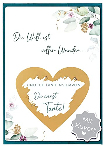 Joli Coon Rubbelkarte Du wirst Tante, mit Kuvert, Schwangerschaft verkünden | 350g Designerpapier, fühlbare UV-Lack-Veredelung, grünes Steckkuvert mit goldenem Herz, zur Schwangerschaftsverkündung