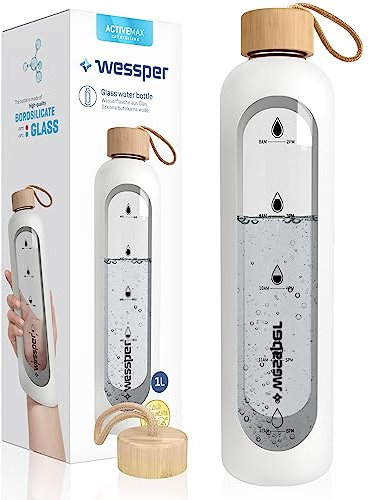 Wessper Borraccia 1 litro, bottiglia motivazionale con scala di idratazione, borraccia in vetro borosilicato con custodia in silicone, materiale sicuro senza BPA - blanco