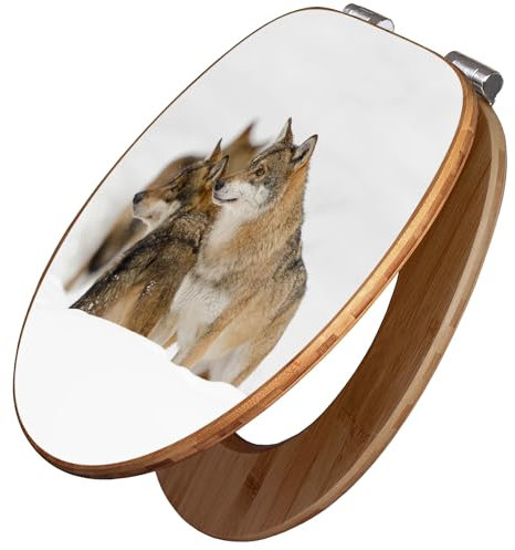 banjado Design WC Sitz Bambus Absenkautomatik 45,8x37,5cm / Toilettendeckel mit Absenkautomatik Holz/hochwertiger Bambus Klodeckel/WC-Sitz für gängigen Toiletten/Motiv Wölfe