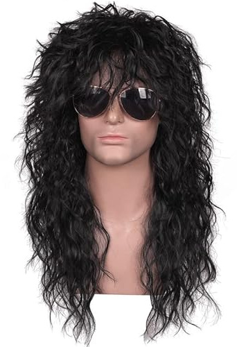 Long Black Curly Rock Star Wig – 70s 80s Heavy Metal Costume Wig