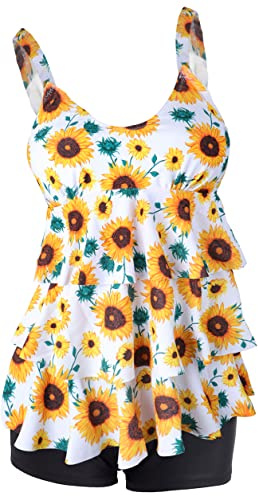 ECUPPER Womens Tankini Sets with Shorts Plus Size Swimwear 2 Piece Swimsuits Ruffle Flounce Tankini Top and Shorts Sun Flower