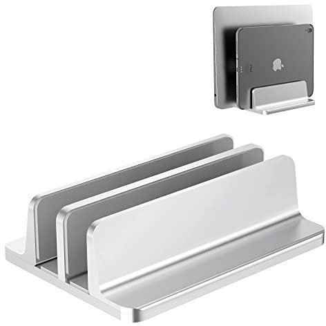 S SKSTYLE Vertical Laptop Stand Holder, Desktop Aluminum MacBook Stand with Adjustable Dock Size(2 Slots), Fits All MacBook, Surface, Chromebook and Gaming Laptops (Up to 17.3 inches), Silver
