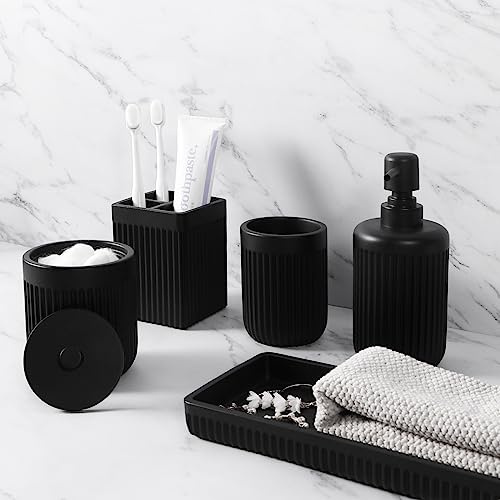 XLHOMO Badezimmer-Zubehör-Set aus Kunstharz, 5-teilig, Lotion-/Seifenspender, Zahnbürstenhalter, Badezimmer-Becher, Qtip-Halter und Schminktisch-Tablett, Organizer-Set für Wohnungen, Mattschwarz