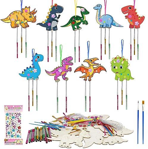Meanju Dinosaurier Holz Bastelset 10 Stück, Windspiel Bastelset Kinder, Windspiel Basteln Kinder mit Pinsel/Edelsteinaufkleber, WINdspiel aus Holz Basteln, DIY KINder Malen Handwerk