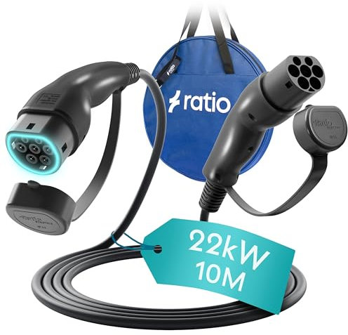 Ratio Câble Recharge Voiture Electrique Câble Type 2 32A / 22kW / Triphasé / 10 mètres Cable Recharge Type 2 Rapide Compatible avec Tesla, Peugeot, Renault, Fiat et Tous Les BEV/PHEV