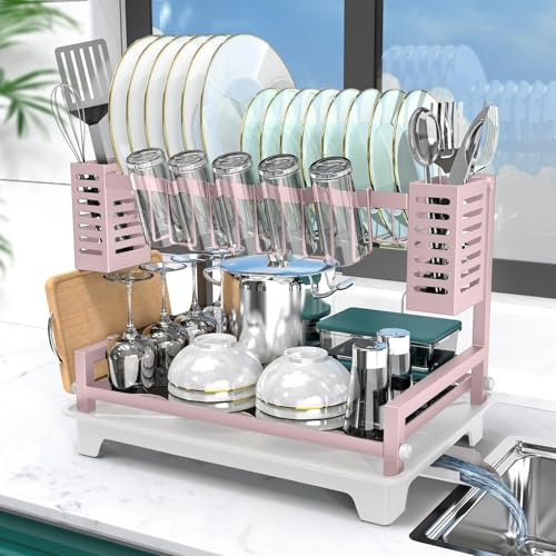 B-Land Dish Drying Rack, 2 Tier Dish Racks for Kitchen Counter, Large Dish Drying Rack with Drainboard & Utensil Holders, Rust-Proof Dish Drainers,Kitchen Organization