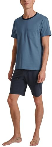 CALIDA Relax Essentials kort pyjamas för män, tillverkade av 100% ekologisk bomull, byxor med tygtäckt elastiskt midjeband, Koronettblå, 52-54