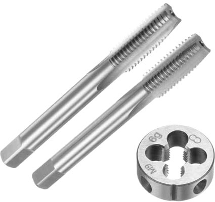 QUARKZMAN Set di 3pz Maschi e Filiera Metrici a Mano, M9 x 1.25 Maschi con Filettatura Conica/Tappo e Filiere Rotondo, Kit di Attrezzi Filettatura a Mano per Riparazione Filetti