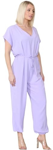 WearAll Jumpsuit for Women Tie Belted Waist V-Neck Harem Wide Leg Cuffed Dungarees Overalls Joggers Long Pants Baggy Trousers Summer Short Sleeve Wide Rompers Collar Loose Playsuit Lilac 8-16