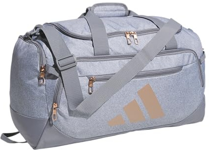 adidas Defender 5.0 Duffel, Durable Travel Gym Sports Bag for Men and Women, Twill Grey/Rose Gold, Small (42L)