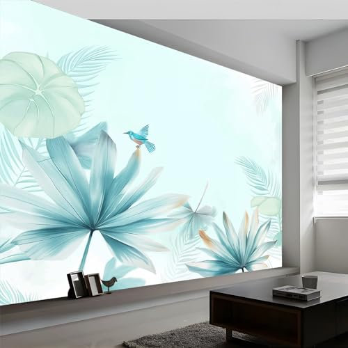 Carta da parati fotografica 3D con uccelli con foglie e strisce, colore azzurro di alta qualità, decorazione per soggiorno, camera da letto, 250 x 175 cm (larghezza x altezza), effetto 3D