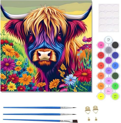 Malen Nach Zahlen Erwachsene Hochlandkuh Blume Malen Nach Zahlen Kits auf Leinwand, Handgemalt Ölgemälde Leinwand Kits zur Heimdekoration, Pinseln Acrylpigment für Geschenke Home Deko 20x20cm U-3093