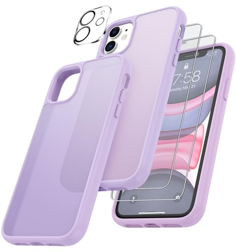 FLLAO 4 in 1 Cover per iPhone 11 con 2 vetro temperato e 1 fotocamera protettiva, [cuscino d'aria integrato] antiurto antigraffio antiurto protezione custodia per iPhone 11 6.1, viola chiaro