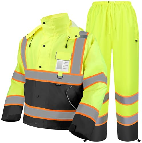 TICONN Hi Vis Rain Jacket and Pants, Waterproof High Visibility Safety Rain Suits, ANSI Class 3 Reflective Rain Gear for Men and Women (Yellow&Black, XL)