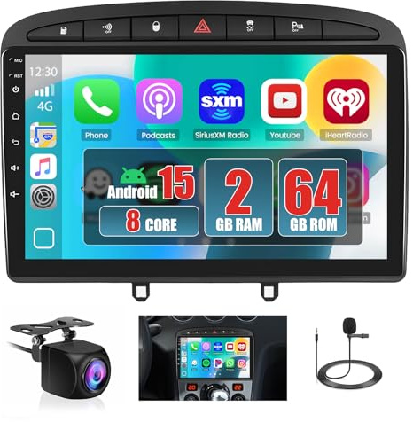Hikity 8 Core 2GB+64GB Android 15 Radio Coche para Peugeot 308/408 2007-2013 Radio CarPlay Android Auto Inalámbrico Bluetooth Manos Libres con 9 Pantalla Táctil WiFi GPS Navi SWC DSP FM RDS