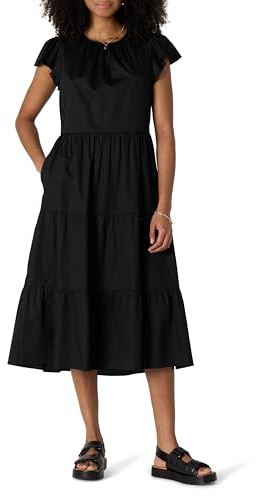 Amazon Essentials Vestido Midi Escalonado de satén de algodón con Cuello Redondo y Ajuste Holgado para Mujer, Color Negro, Talla XL