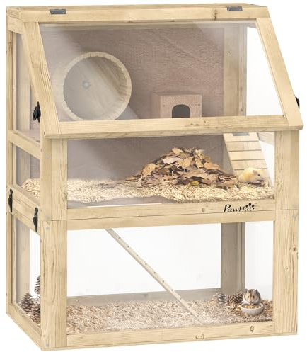 PawHut Wooden Hamster Cage, 3 Tier Small Animal Cage with Detachable 12.6 Deep Bottom, Hut, Seesaw, Exercise Wheel, Ramps, Hamster Habitat for Dwarf, Gerbil, 24 x 16 x 29.5