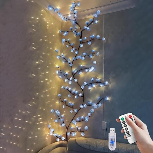 VIMAZ Luci LED a forma di ramo di ciliegio blu, da parete, 8 modalità, con 144 LED, telecomando, timer, luci LED a forma di fiore di ciliegio, decorazioni per camera da letto, arte da parete, Natale