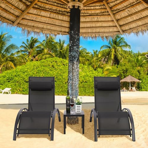 LIFERUN XXL Aluminium Sonnenliege 2er Set, stapelbare liegestuhl Garten mit Beistelltisch und Kopfkissen, Wetterfest, 5-Fach Verstellbare Rückenlehne, Geeignet für Gärten, Schwimmbäder, Strand, 2 PCS