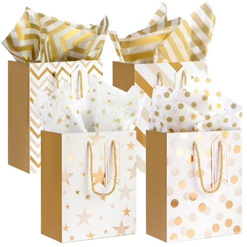 AMFUN 4PCS Gift Bags with Tissue Paper, Party Favor Bags for Birthday, Exquisite Birthday Gift Bags with Handles,Xmas, Baby Shower,4 Patterns Paper Party Bags for Women Men