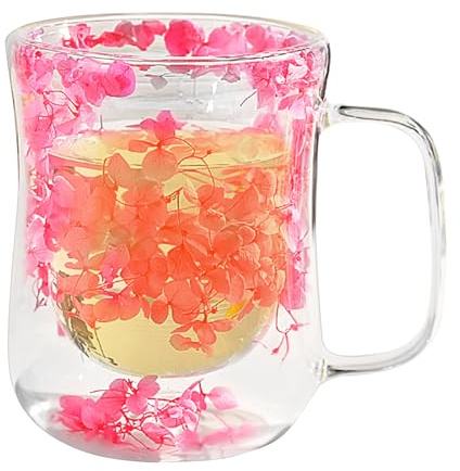 Taza de vidrio con flores secas - taza de doble pared de 400 ml en estilo floral, vidrio resistente al calor | Taza de té estético, taza decorativa para el hogar y la oficina, taza de v