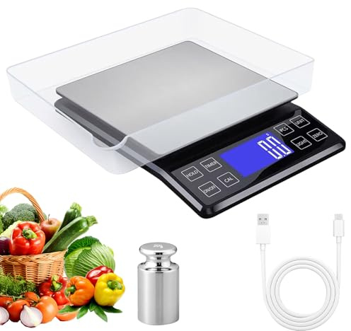 0.1g/5kg Große Digitale Küchenwaage, Hochpräzise küchenwaagen, küchenwage USB aufladbar, Edelstahl Wägeplattform Mit Tablett, geeignet für Lebensmittel, Kochen, Schwarz