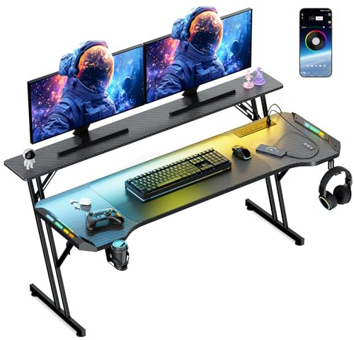VidaTeco Gaming Tisch 120 x 70 cm mit LED Beleuchtung, Steckdose & USB-Anschluss, ergonomischer Schreibtisch mit Z-förmigem Gestell, Kopfhörerhalter & Mauspad, großer PC Tisch für Gaming & Büro