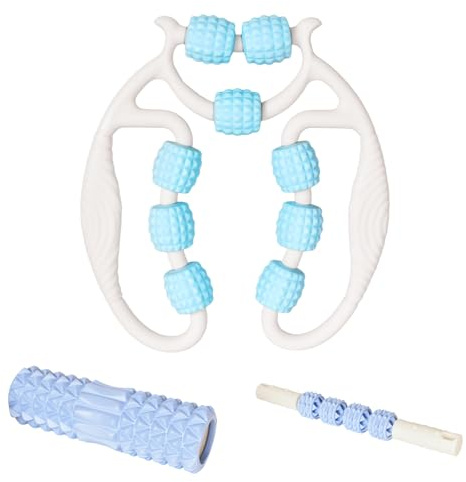 Rodillo de Masaje Fascia Roller 3 en 1, Juego de Masaje, Rodillo Masaje Azul para Piernas con Mango, Rodillo de Espuma para Columna, Espalda, Piernas, Cuello, Maderoterapia
