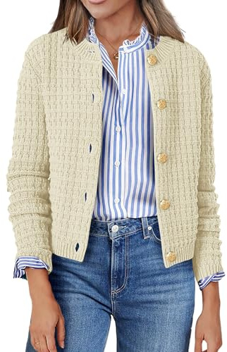 Zeagoo Strickjacke Damen Kurz mit Knopfleiste Strickjacken Cardigan Langarm Rundhals Elegant Jacke Outerwear Einfarbig Strickmantel Beige S