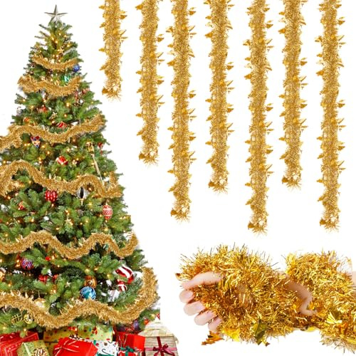 16M Lametta Weihnachtsbaum Gold, 8 Stück Weihnachtsdeko Girlande Lametta Gold Weihnachtsgirlande, Weihnachtsdekoration Hängende für Outdoor Geburtstagsparty Weihnachtsbaum Girlande Dekoration