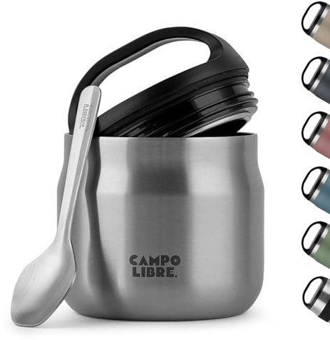 Campo Libre.® Lotta – Thermos Alimentaire Chaud & Froid – Boite Repas Isotherme avec Cuillère – Gamelle Isotherme Adulte ou Bébé, Travail, Bureau, École, Camping – Facile à transporter. Inox, 400ml