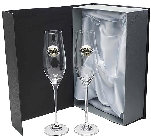 Gala&K | Set de 2 copas de cristal para champán | Para novios | Bodas de plata/oro | Aniversarios | Aplique bilaminado | Colección CELEBRATION-50 ANIVERSARIO.