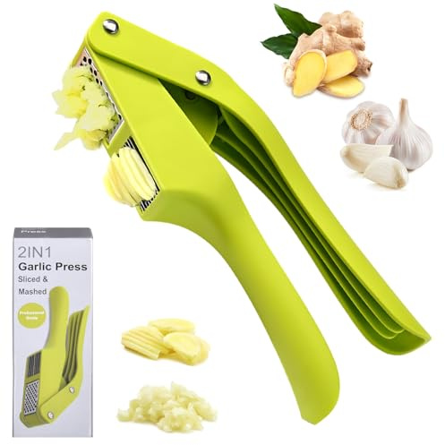 Moorstdel 2 In 1 Knoblauchhacker und Schneider, Knoblauchpresse aus Edelstahl – Premium-Knoblauchwolf,Leicht zu Drücken, mit Ergonomischem Griff,rutschfest, Bequem und Leicht zu Reinigen (grün)