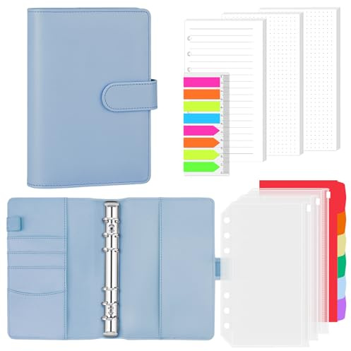 AKONEGE Ringbuch A6 PU-Leder nachfüllbares Notizbuch mit 135 Blatt 6 Löcher A6-Nachfüllpapier, Bindertaschen, Trennblätter, Haftmarkern, Planer-Organizer für Reisen, Arbeit, Schule - Dunstblau