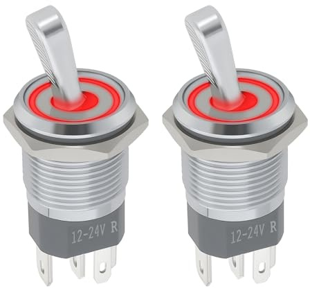 eMagTech 2 pièces interrupteur à bascule LED illuminé 16 mm, bascule à 2 positions pour microcontrôleurs, dispositifs électroniques, éclairage 3–6 V jusqu'à 24 V de commutation, rouge