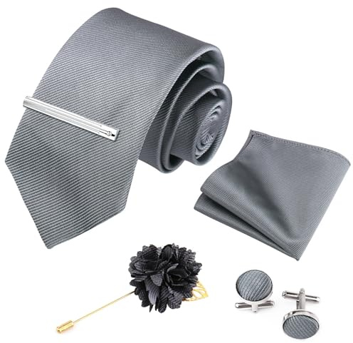 Xynovate Einfarbige Krawatte, Herren krawatte, Herrenfliege und Einstecktuch mit Manschettenknöpfen Set, Klassische Formelle Elegante Krawatte für Business, Hochzeit, Feier, Weihnachten，Grau-2