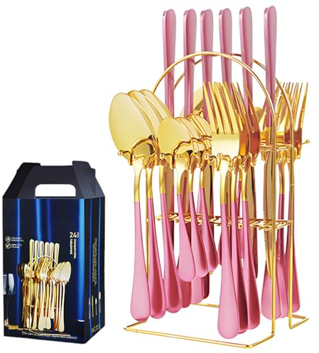 24 Pcs Pink Gold Cutlery Set with Stand, Stainless Steel Flatware Set Service for 6, Mirror Polished Utensil Set, Elegant Gift Box for Wedding, Party, Dining