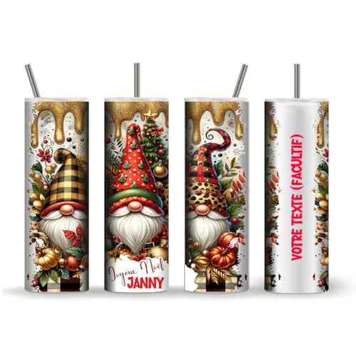 Gobelet Isothermique Personnalisé Lutins Rouges & Détails Dorés – Couleurs Vives – Prénom & Message – Cadeau Noël Premium – Tumbler Inox Double Paroi
