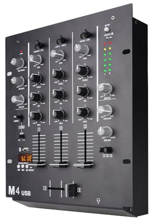 Yamnweo M4 4-Kanal DJ Mischpult (Schwarz), Audio Mixer mit Bluetooth & USB, Crossfader, 3-Band EQ, Gain-Regler & Cue-Monitor-Funktion - Professionelles Soundboard für Party, Club, Karaoke