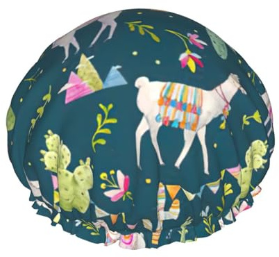 Llama Animal Alpaca Tropical Cactus Print Hair Cover For Shower, Women Adjustable Hair Cap Stylish Large Waterproof Shower Bonnet