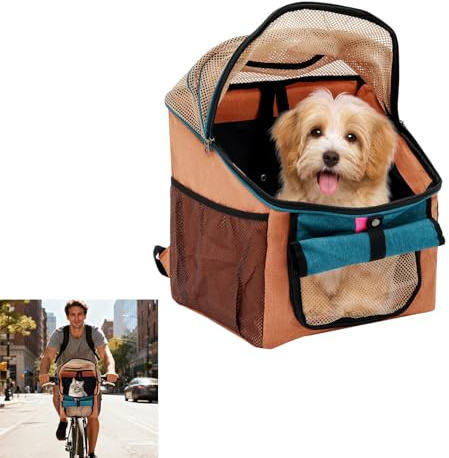 Hundcykelkorg, cykelkorg för hundar, hundkorg, cykel fram upp till 7,5 kg, 2 i 1 vikbar hundryggsäck med spänne, remmar och nätfönster, för små hund- och kattvalpar (orange)