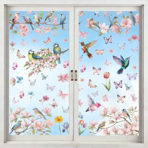 9 ark fönsterklistermärken vår, fönsterbilder blommor fågel för glas, återanvändbara fönsterklistermärken med persikoblomma magnolia gåsblommor