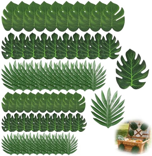 60 hojas de palma artificiales, 6 tamaños, decoración tropical de selva, hojas de palma, hojas de palma tropicales, hojas de palma tropicales, hojas de palma tropicales para playa verde, selva