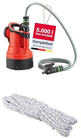 T.I.P. DIO 85/10 flex Regenfass Tauchdruckpumpe 5000l/h 350W Filtergitter Schlauch Absperrhahn Schnellkupplung effizient Gartenpumpe + 21m Nylon Ablassseil für Tiefbrunnenpumpen robust weiß 30912