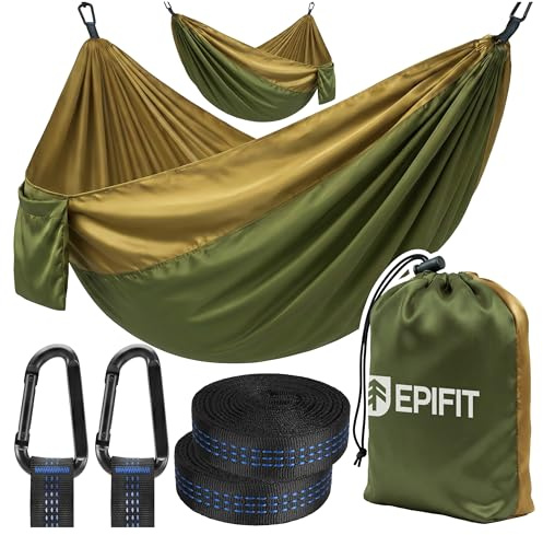 Epifit Hamac double XXL pour 2 personnes jusqu'à 200 kg - 300 x 200 cm - Vert kaki - Hamac léger pour jardin, balcon, arbre, avec poche latérale pour livre et téléphone portable